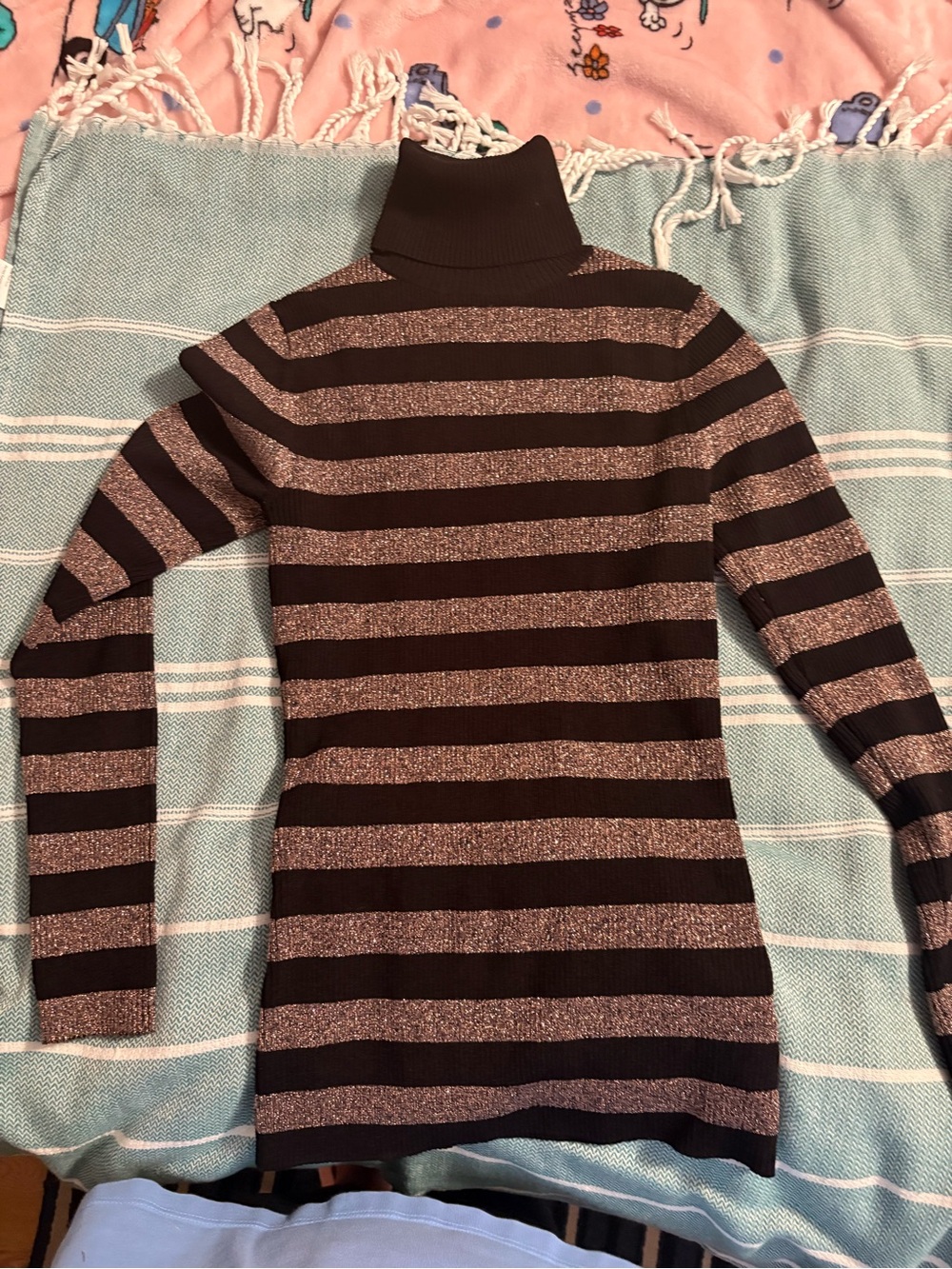 MICHAEL Michael Kors Black and Metallic Striped Turtleneck Sweater